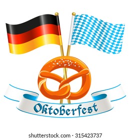 Oktoberfest celebration design with silk banner, german national flag, bavarian flag and traditional bavarian pretzel