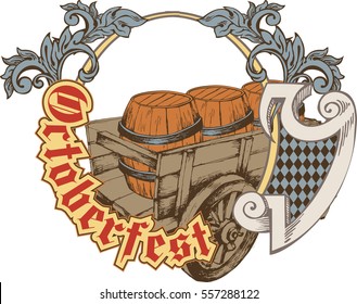 Oktoberfest celebration design with wagon full of beer barrels. Vector illustration. Engraving style
