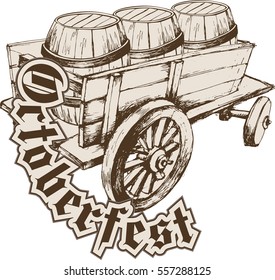 Oktoberfest celebration design with wagon full of beer barrels. Vector illustration. Engraving style