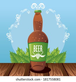 oktoberfest celebration festival poster with beer bottle in table vector illustration design