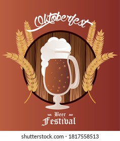 oktoberfest celebration festival poster with beer cup and barley spikes vector illustration design