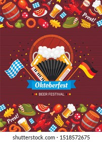 Oktoberfest celebration flat color vector poster template. National beer festival invitation design. German bar party flyer, banner layout with text. Alcohol drinks and beverages cartoon illustration