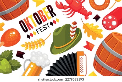 Oktoberfest celebration German beer national holiday decorative banner isometric design vector illustration. October malt carnival hat hops sausage crayfish button accordion pretzel seamless pattern