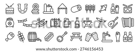 Oktoberfest celebration icon set: linear icons for beer, food, and fun