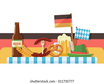 Oktoberfest celebration illustration or banner with beer, sausages, hat, pretzel, flags. Vector flat design concept.