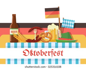 Oktoberfest celebration illustration or banner with beer, sausages, hat, pretzel, flags. Vector flat design concept.