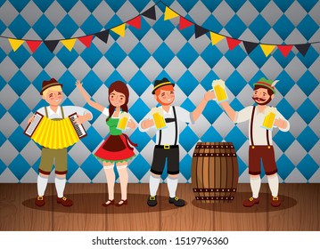 Oktoberfest celebration illustration, beer festival design with people dancing, vector illustration