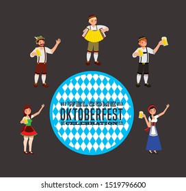 Oktoberfest celebration illustration, beer festival design with set icons and custome people