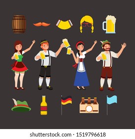 Oktoberfest celebration illustration, beer festival design with set icons and custome people