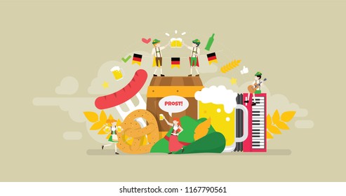 Oktoberfest Celebration Party Tiny People Character Concept Vector Illustration, Suitable For Wallpaper, Banner, Background, Card, Book Illustration, And Web Landing Page