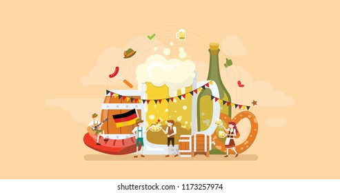 Oktoberfest Celebration Party Tiny People Character Concept Vector Illustration, Suitable For Wallpaper, Banner, Background, Card, Book Illustration, And Web Landing Page