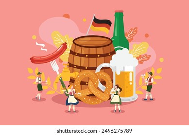 Oktoberfest Celebration Party With Tiny People.  Cartoon Flat Vector Illustration