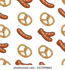 Oktoberfest celebration pattern with pretzel and sausage in sketch style. Seamless background for menu. Hand made lettering. Design for wallpaper, web page background, surface textures