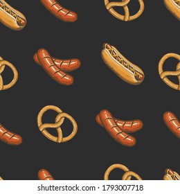 Oktoberfest celebration pattern with pretzel and sausage in sketch style. Seamless background for menu. Hand made lettering. Design for wallpaper, web page background, surface textures