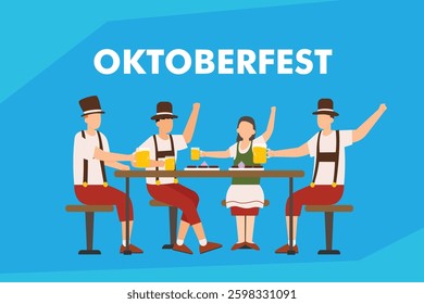 Oktoberfest Celebration – People Enjoying Beer and Traditional German Food 2d flat vector illustrations