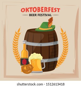 oktoberfest celebration poster with beer barrel and hat vector illustration design