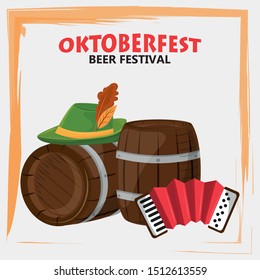 oktoberfest celebration poster with beer barrel and accordion vector illustration design