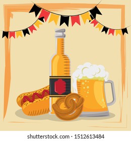 oktoberfest celebration poster with beer and hot dog vector illustration design