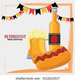 oktoberfest celebration poster with beer and hot dog vector illustration design