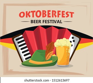 oktoberfest celebration poster with beer jar and accordion vector illustration design