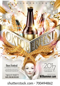 Oktoberfest celebration poster, beer party design with flying ribbons and wheat on glittering silver background, 3d illustration, welcome you in German at lower right, Beer festival in the middle