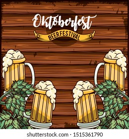 Oktoberfest Celebration poster design with beer and hop cone, vector illustration