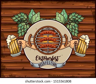 Oktoberfest Celebration poster design with beer and hop cone, vector illustration