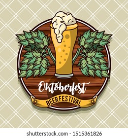 Oktoberfest Celebration poster design with beer and hop cone, vector illustration