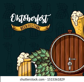 Oktoberfest Celebration poster design with beer and hop cone, vector illustration
