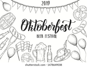 Oktoberfest celebration poster with hand drawn barrel, glass, ballons, garland, pretzel, sausage, flag. Hand made lettering. Sketch. Oktoberfest design for menu, poster, banner, flyer, brochure,