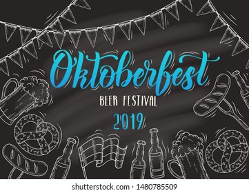 Oktoberfest celebration poster with hand drawn barrel, glass, ballons, garland, pretzel, sausage, flag. Hand made lettering. Sketch. Oktoberfest design for menu, poster, banner, flyer, brochure