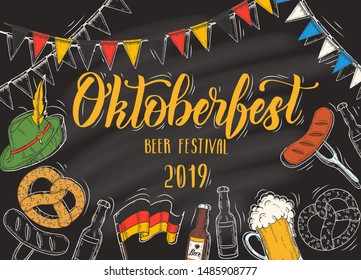 Oktoberfest celebration poster with hand drawn doodle and colored glass of beer, hat, flag garland, pretzel, sausage, flag on blackboard. Hand made lettering. Sketch. Oktoberfest design 