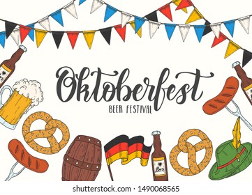 Oktoberfest celebration poster with hand drawn colored glass of beer, barrel, hat, flag garland, pretzel, sausage, flag, hat. Hand made lettering. Sketch. Oktoberfest design