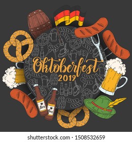 Oktoberfest celebration poster with hand drawn colored glass of beer, hat, flag garland, pretzel, sausage, flag on white located in a circle on black. Hand made lettering. Sketch. Oktoberfest design 