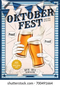 Oktoberfest celebration poster, hand drawn style hands making a toast in 3d illustration, blue and white checkered frame