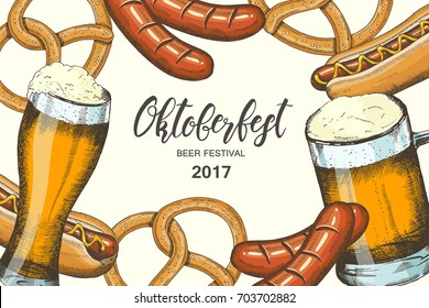 Oktoberfest celebration poster with hand drawn colored beer, pretzel, sausage and hod dog. Hand made lettering. Sketch. Oktoberfest design for menu, poster, banner, flyer, brochure, web. Advertising 