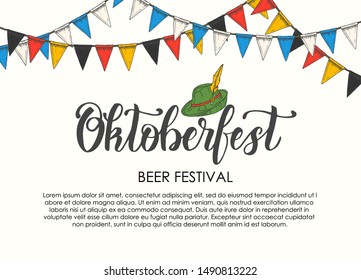 Oktoberfest celebration poster with hand made lettering and flag garland. Beer festival 2019. Place for your text. Oktoberfest design for menu, poster, banner, flyer, brochure