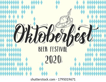 Oktoberfest celebration poster with hand made lettering and icons of hat. Beer festival 2020. Sketch.Oktoberfest design for menu, banner, flyer, brochure