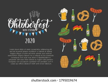 Oktoberfest celebration poster with hand made lettering and icons of glass of beer, hat, flag garland, pretzel, sausage. Beer festival 2020. Sketch.Oktoberfest design for menu, banner, flyer, brochure