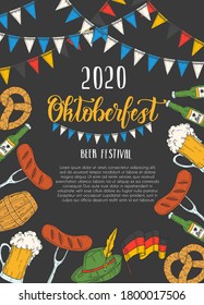 Oktoberfest celebration poster with hand made lettering and icons of glass of beer, hat, barrel, flag garland, german flag, pretzel, sausage. Beer festival 2020. Sketch.Oktoberfest design 