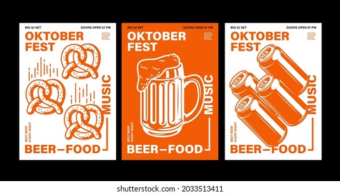 Oktoberfest celebration poster, pretzel, glass of beer and bottle with typography. Vector holiday flyer template for traditional German beer festival.