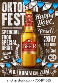 Cartel de celebración del Oktoberfest, vista superior de la botella de bebida premium aislada en tablón de madera en 3d ilustración, bienvenido en alemán en la parte inferior, festival de cerveza en la parte superior izquierda