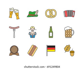 Oktoberfest celebration related colored line icons set. German traditional beer fest.