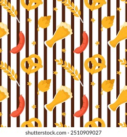 Oktoberfest Celebration Seamless Pattern with Flat Style Illustrations