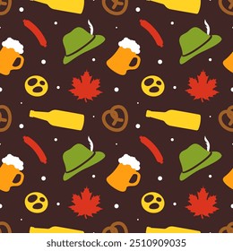 Oktoberfest Celebration Seamless Pattern with Flat Style Illustrations