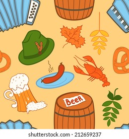 Oktoberfest celebration seamless pattern, vector background with attributes of festival in doodle style