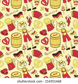 Oktoberfest celebration seamless pattern, vector  background with attributes of festival in doodle style