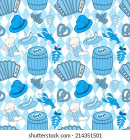 Oktoberfest celebration seamless pattern, vector background with attributes of festival in doodle style