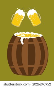 Oktoberfest celebration set, beer mugs, beer barrel, oktoberfest holiday, wheat spikelets. Design elements packaging paper, textiles, stickers, cartoon illustration, vector drawing