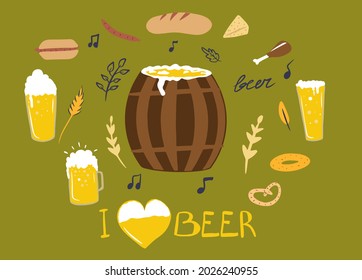 Oktoberfest celebration set, beer mugs, beer barrel, oktoberfest holiday, barbecue sausages, pastries, bagels, hot dog, wheat spikelets, handmade beer inscription. Paper, textiles, stickers, cartoon